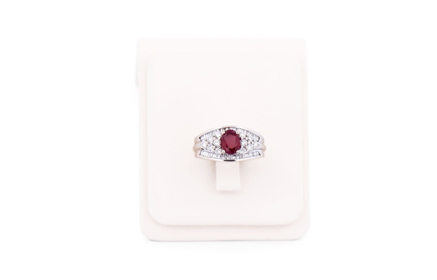 Estate Blood Red Ruby & Diamond Ring in Wide White Gold Setting
