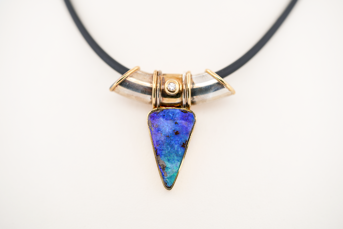 Estate Boulder Opal & Diamond Pendant in Sterling & 18k Gold by Laurie Lyall