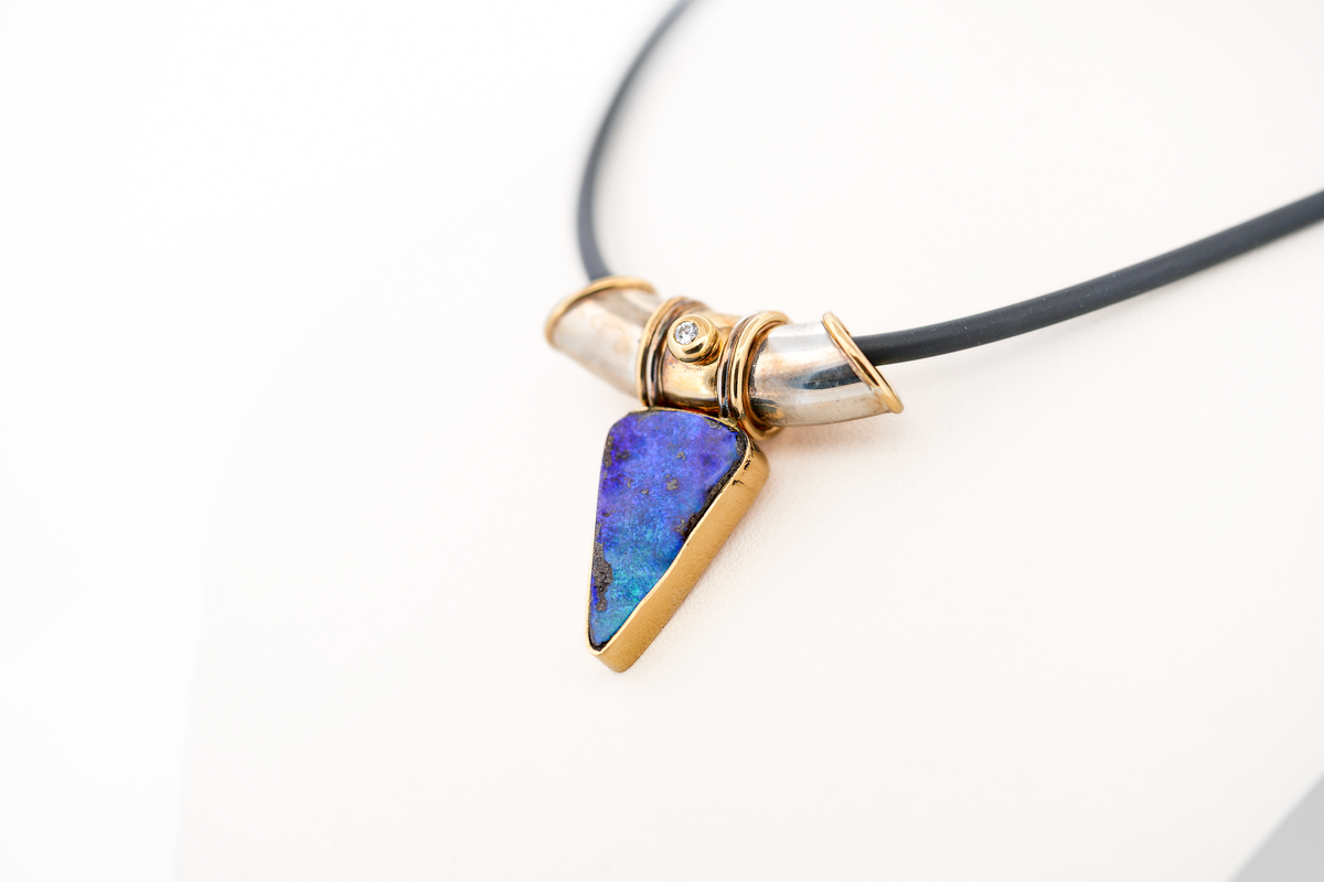 Estate Boulder Opal & Diamond Pendant in Sterling & 18k Gold by Laurie Lyall