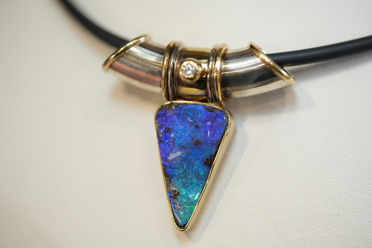 Estate Boulder Opal & Diamond Pendant in Sterling & 18k Gold by Laurie Lyall