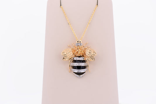 Estate Bumble Bee Pendant Pin Combo with Onyx, Citrine & Diamonds