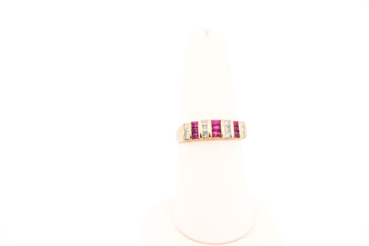 Estate Channel Set Ruby & Diamond Wedding Band in Yellow Gold