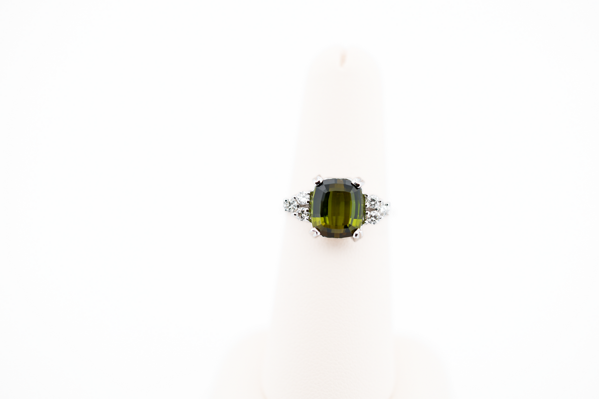 Estate Cushion Cut Olive-Green Tourmaline & Diamond Trio Ring in White Gold