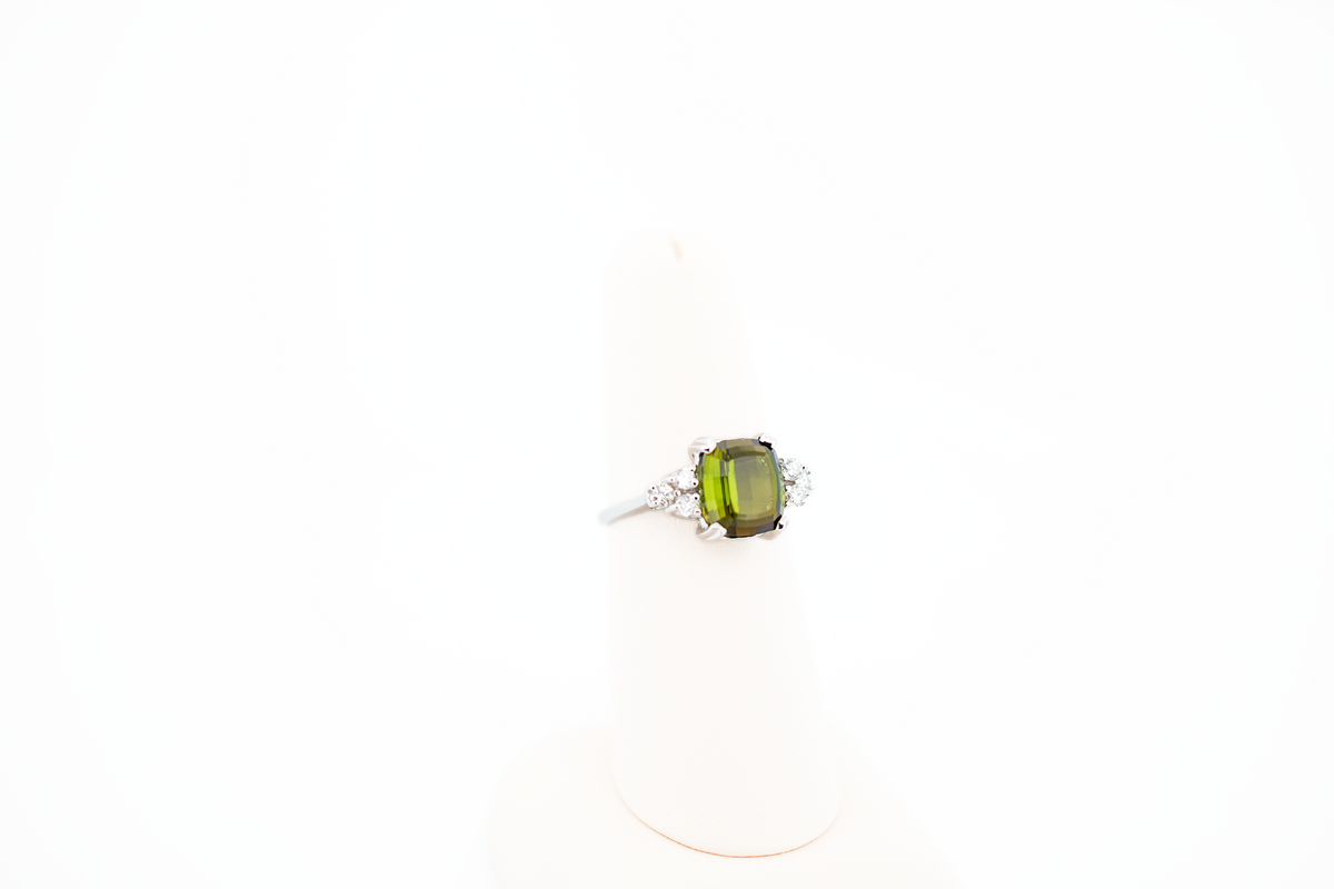 Estate Cushion Cut Olive-Green Tourmaline & Diamond Trio Ring in White Gold