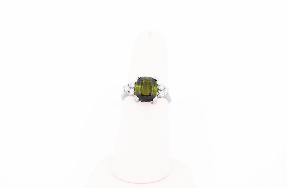 Estate Cushion Cut Olive-Green Tourmaline & Diamond Trio Ring in White Gold