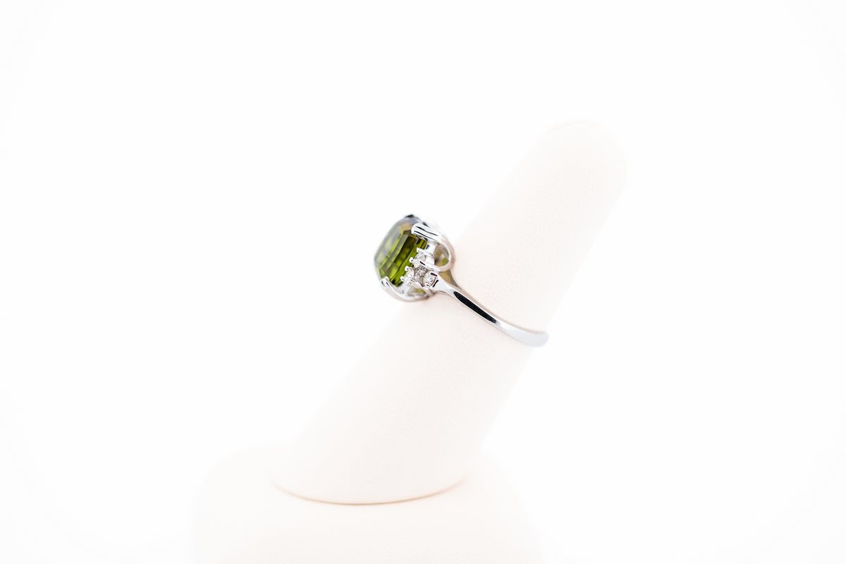 Estate Cushion Cut Olive-Green Tourmaline & Diamond Trio Ring in White Gold