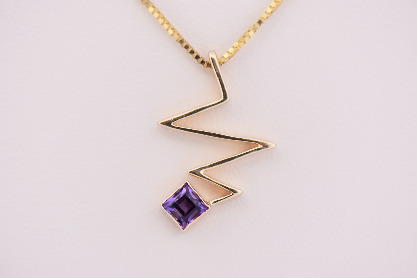 Estate Custom Yellow Gold Lightning Bolt Necklace with Amethyst