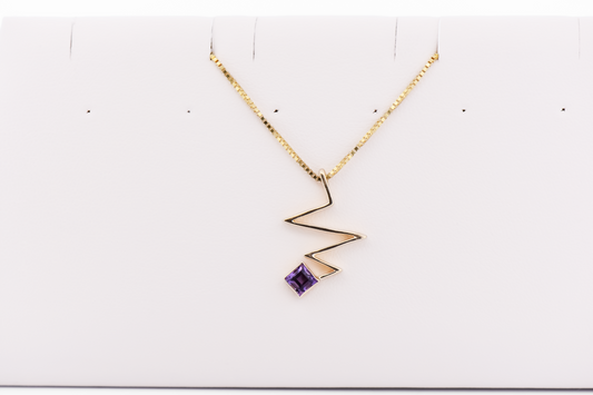 Estate Custom Yellow Gold Lightning Bolt Necklace with Amethyst