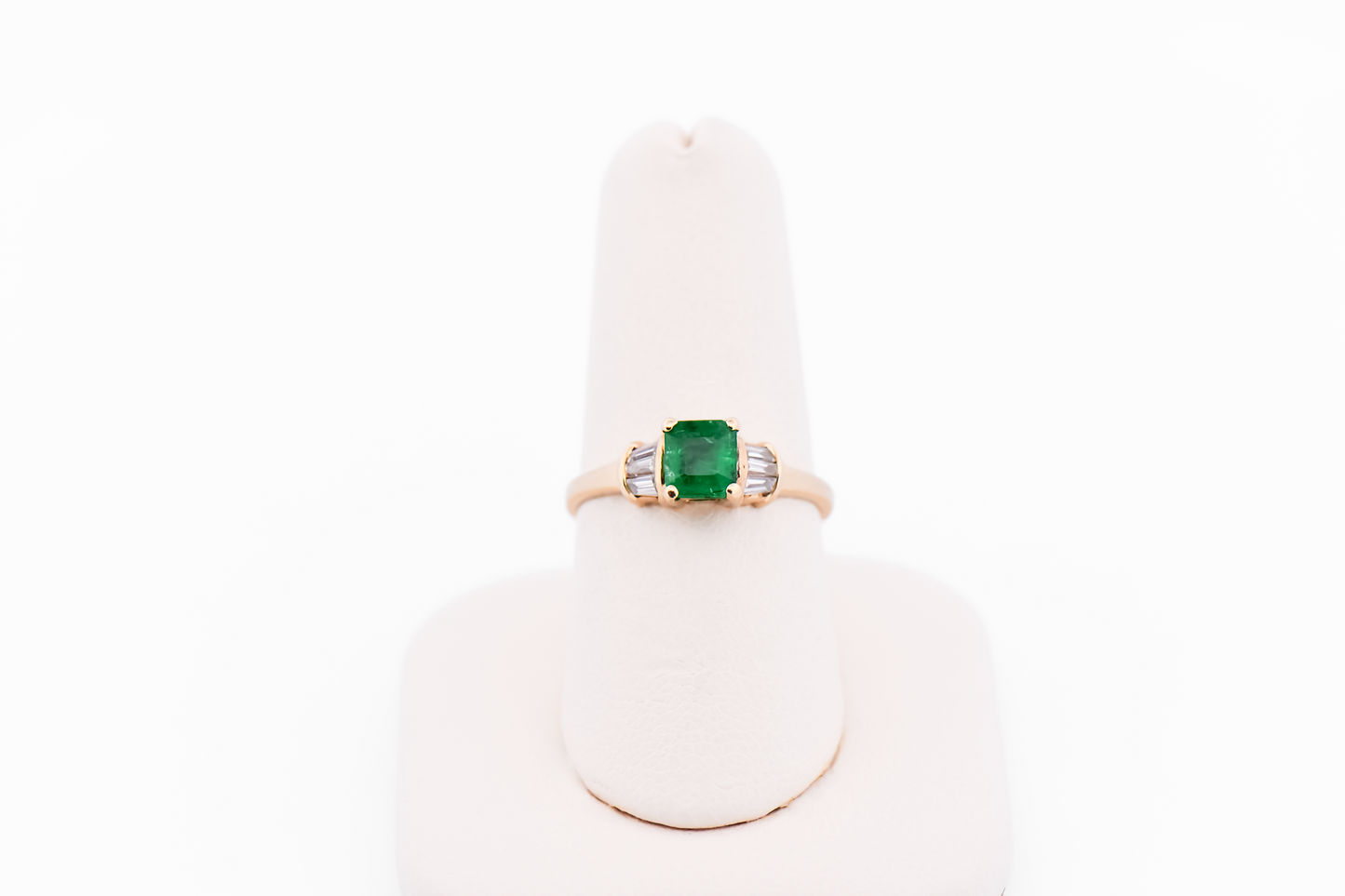 Estate Dainty Emerald & Baguette Diamond Engagement Ring in Yellow Gold