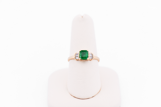 Estate Dainty Emerald & Baguette Diamond Engagement Ring in Yellow Gold