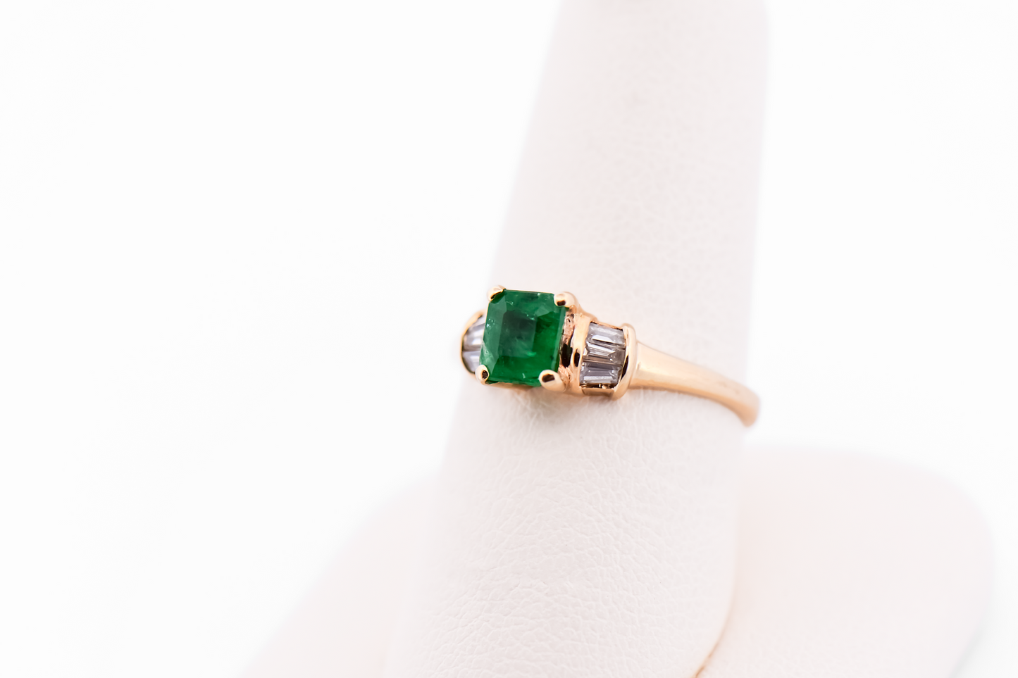 Estate Dainty Emerald & Baguette Diamond Engagement Ring in Yellow Gold