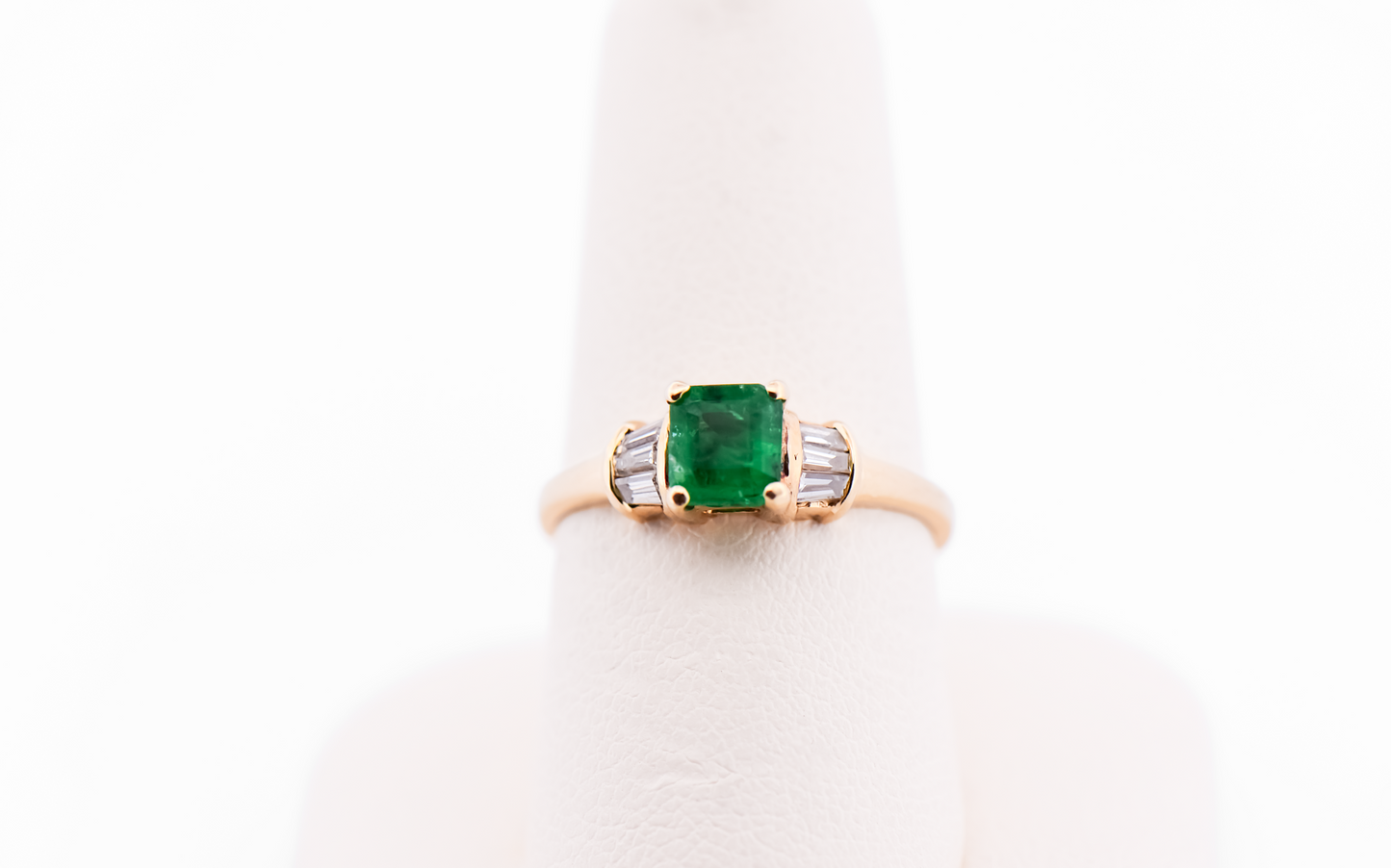 Estate Dainty Emerald & Baguette Diamond Engagement Ring in Yellow Gold