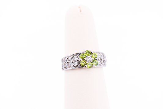 Estate Demantoid Garnet & Diamond Floral Cluster Ring in White Gold