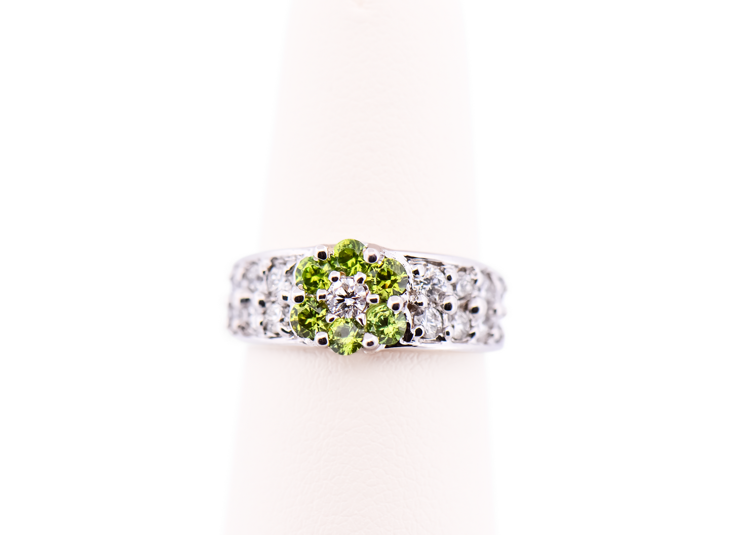 Estate Demantoid Garnet & Diamond Floral Cluster Ring in White Gold