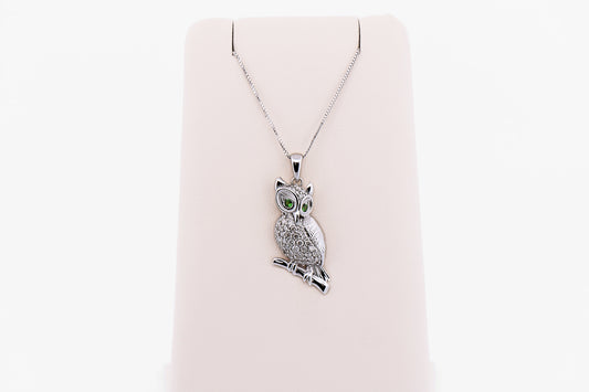 Estate Diamond Crusted Owl Pendant with Tsavorite Eyes