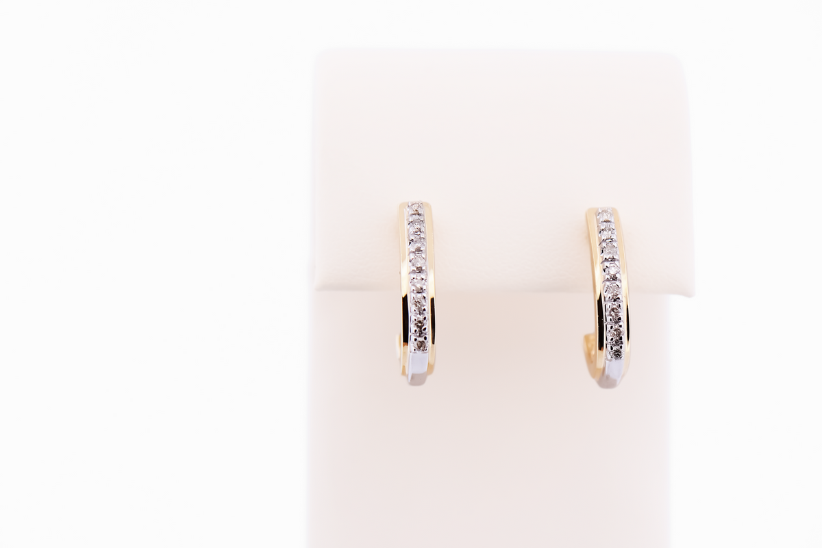 Estate Diamond J-Hoop Earrings in Two-Tone Gold
