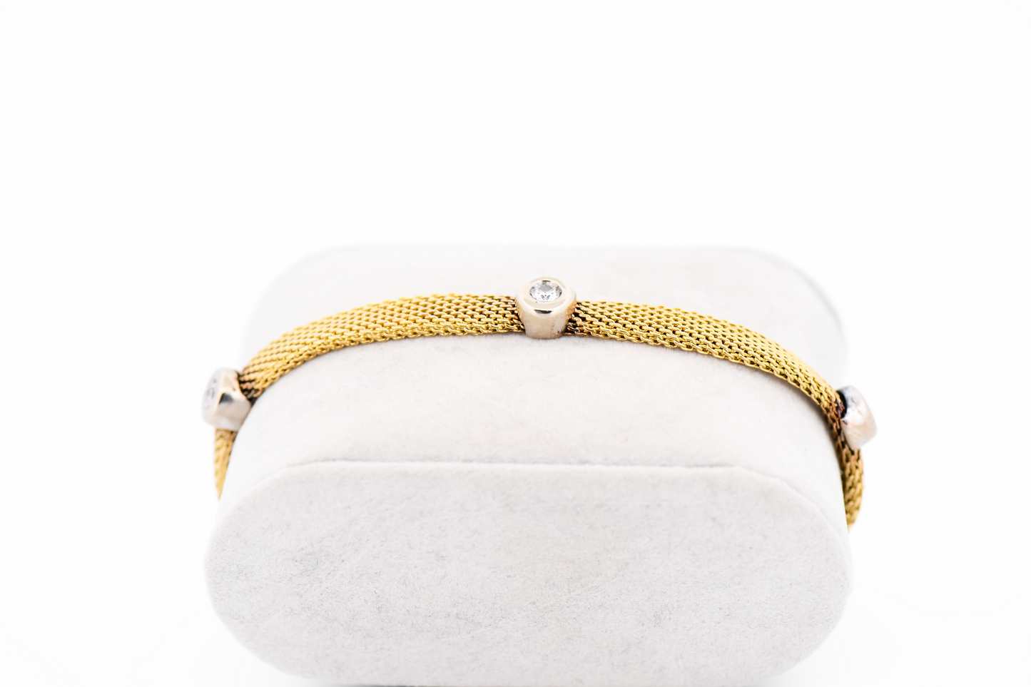 Estate Diamond Station Bracelet - Bezel Set Diamonds on Yellow Gold Mesh