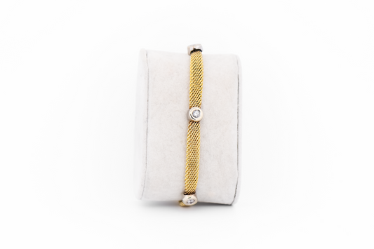 Estate Diamond Station Bracelet - Bezel Set Diamonds on Yellow Gold Mesh