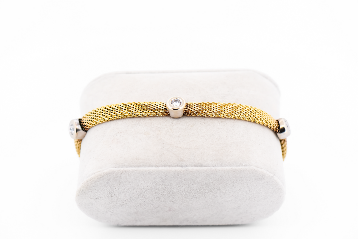 Estate Diamond Station Bracelet - Bezel Set Diamonds on Yellow Gold Mesh