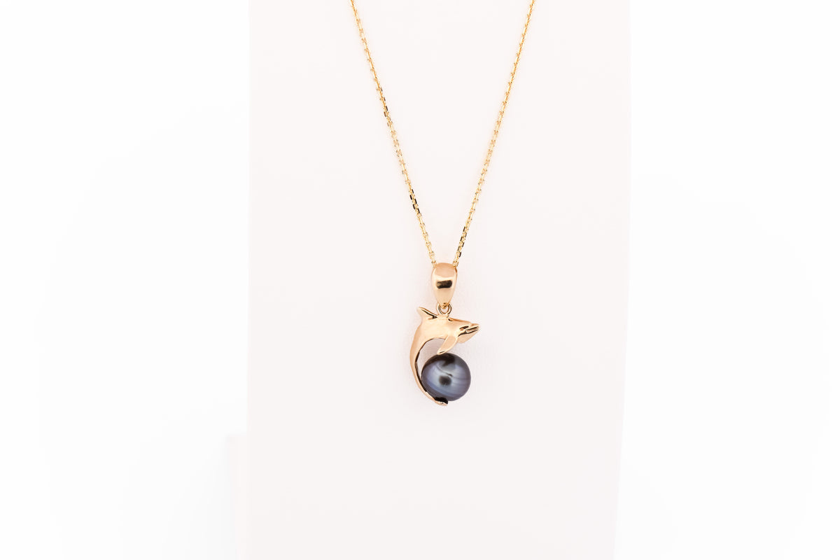 Estate Dolphin Pendant with Tahitian Pearl in 14k Yellow Gold