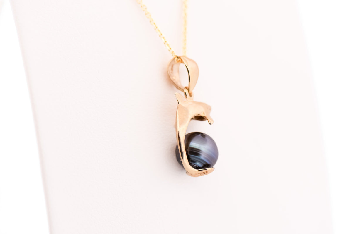Estate Dolphin Pendant with Tahitian Pearl in 14k Yellow Gold