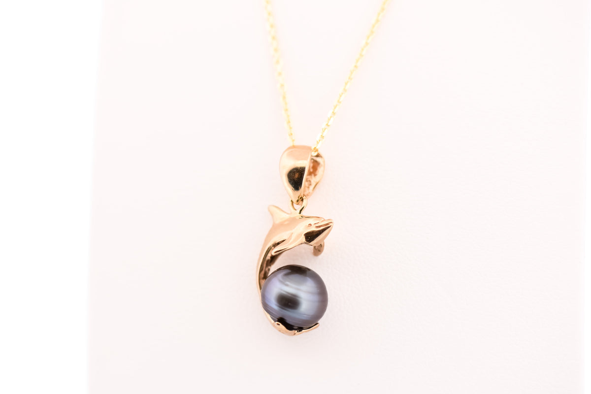 Estate Dolphin Pendant with Tahitian Pearl in 14k Yellow Gold