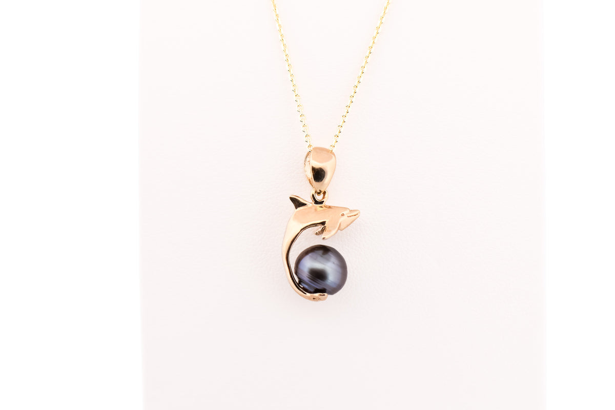 Estate Dolphin Pendant with Tahitian Pearl in 14k Yellow Gold