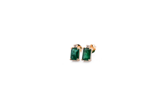 Estate Emerald Cut Emerald & Diamond Accented Stud Earrings