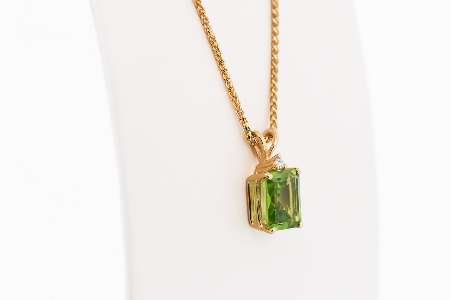 Estate Emerald Cut Peridot & Diamond Pendant on 17" Wheat Chain