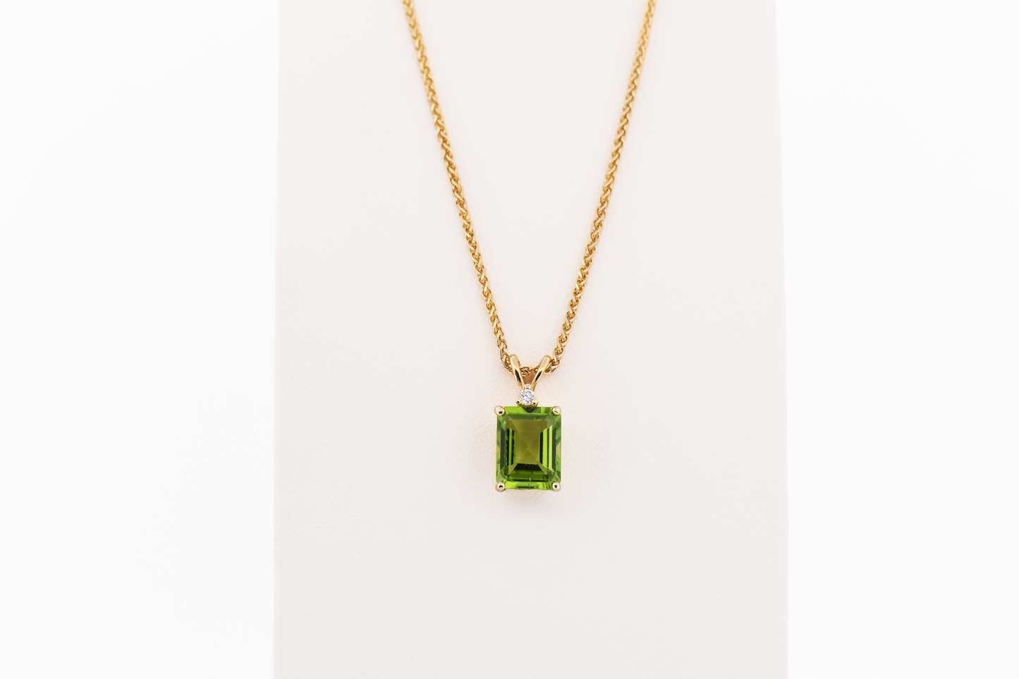 Estate Emerald Cut Peridot & Diamond Pendant on 17" Wheat Chain