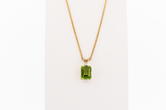 Estate Emerald Cut Peridot & Diamond Pendant on 17" Wheat Chain