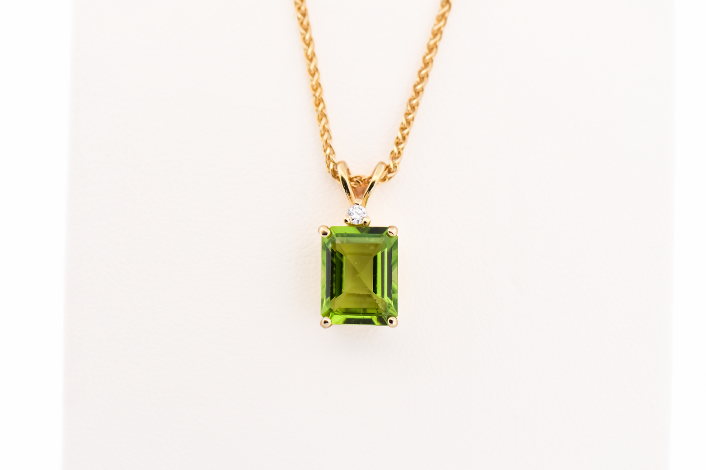 Estate Emerald Cut Peridot & Diamond Pendant on 17" Wheat Chain
