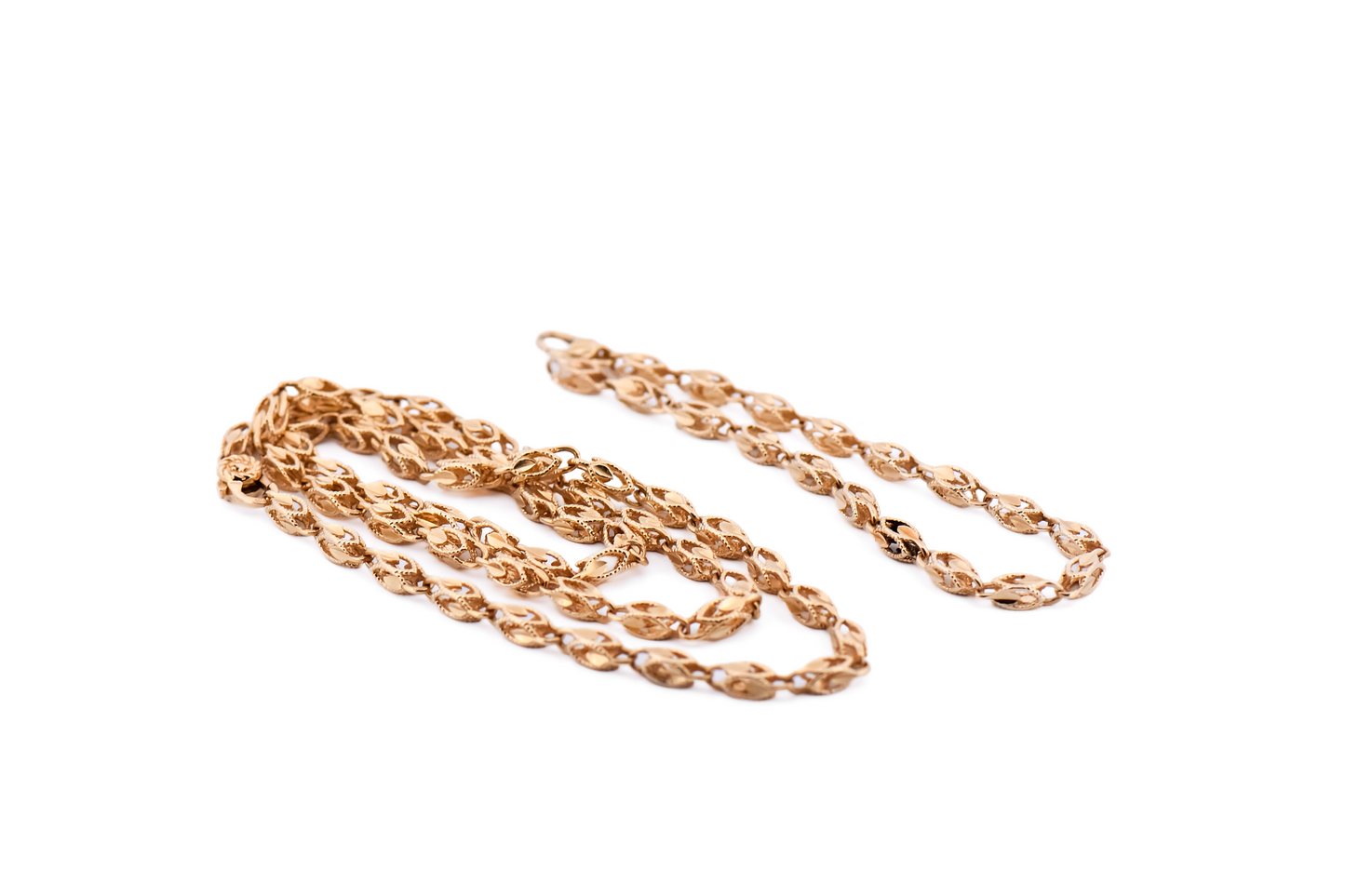 Estate Fancy Link Necklace & Bracelet Set- Diamond Cut 14k Yellow Gold
