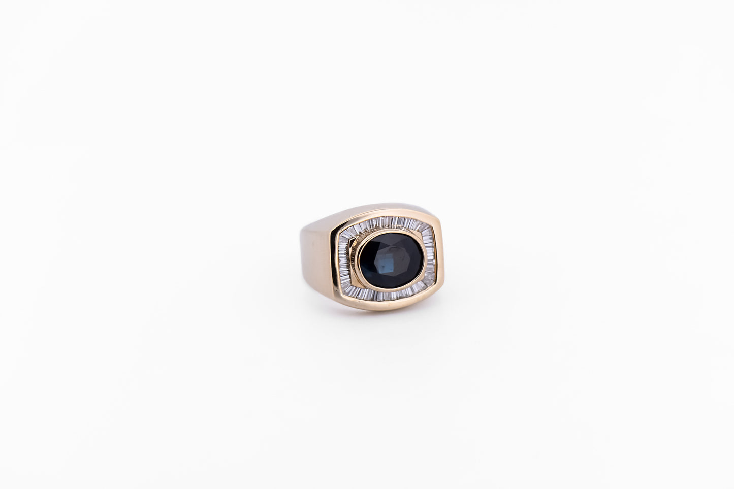 Estate Gents Ring with Teal Sapphire, Baguette Diamonds & Heavy Gold