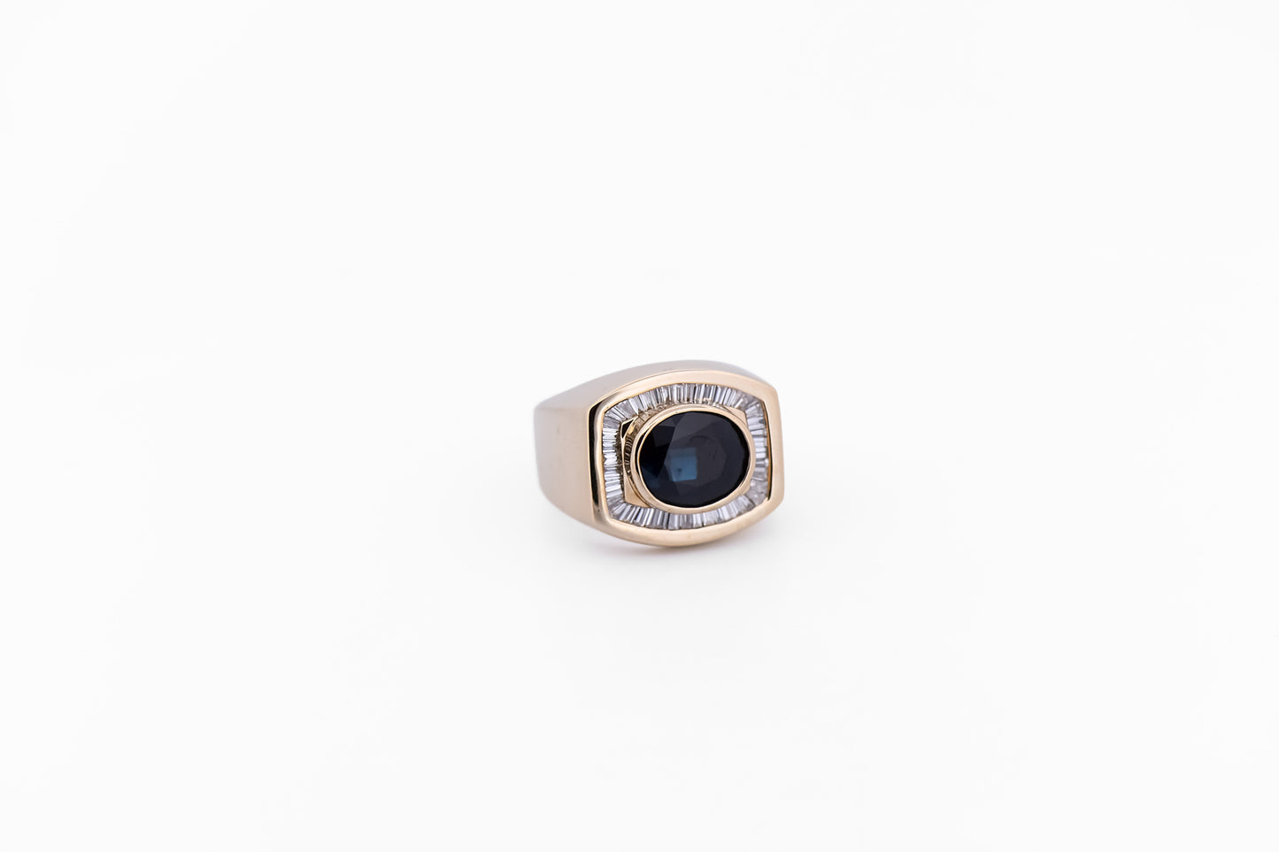 Estate Gents Ring with Teal Sapphire, Baguette Diamonds & Heavy Gold