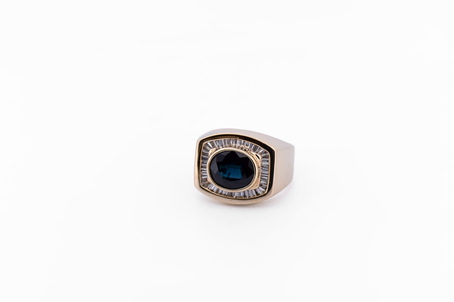 Estate Gents Ring with Teal Sapphire, Baguette Diamonds & Heavy Gold