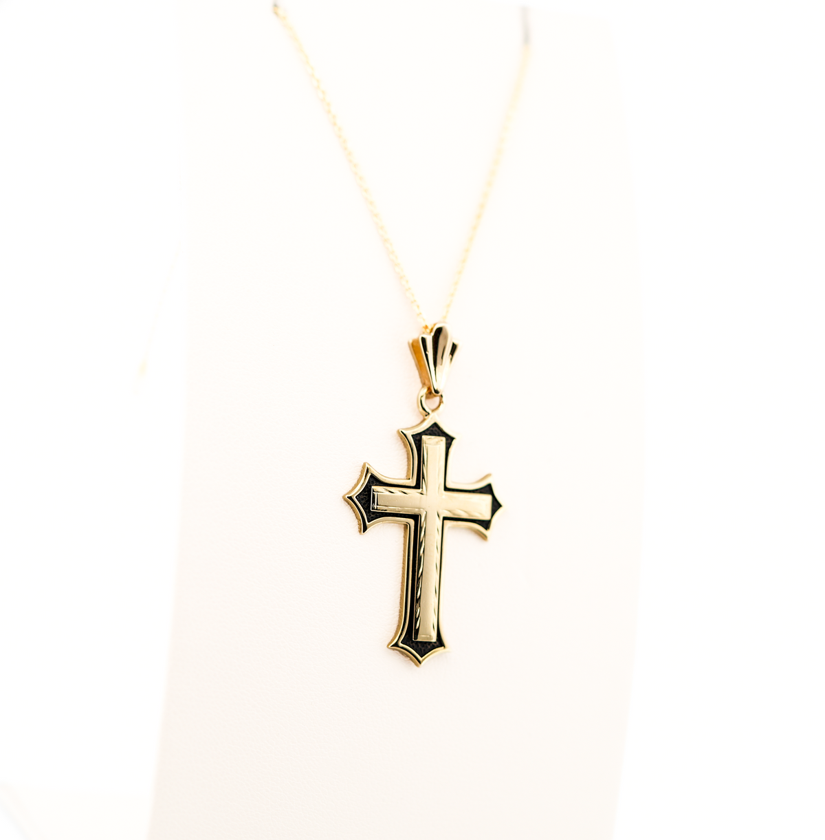 Estate Hand-Made Yellow Gold Cross Pendant with Black Antiqued Border