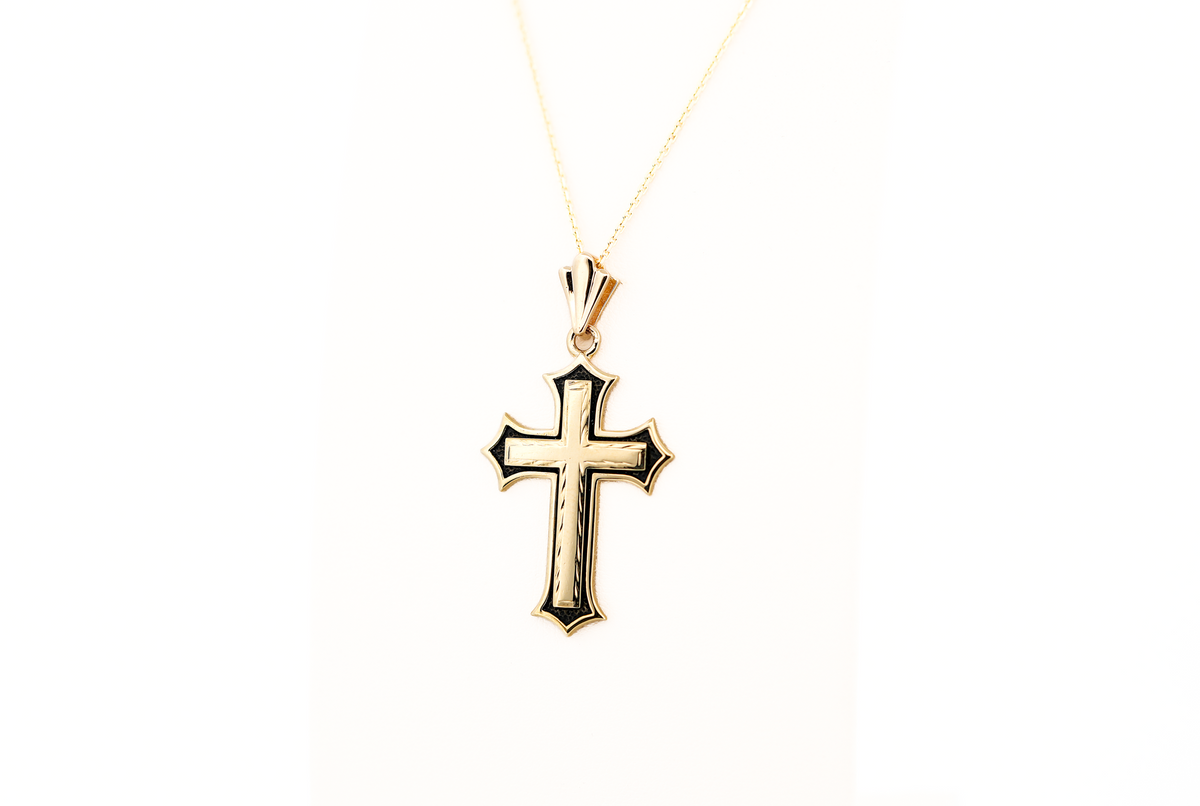 Estate Hand-Made Yellow Gold Cross Pendant with Black Antiqued Border