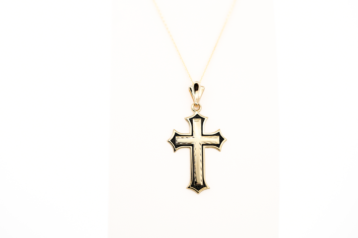 Estate Hand-Made Yellow Gold Cross Pendant with Black Antiqued Border