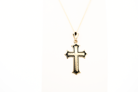 Estate Hand-Made Yellow Gold Cross Pendant with Black Antiqued Border