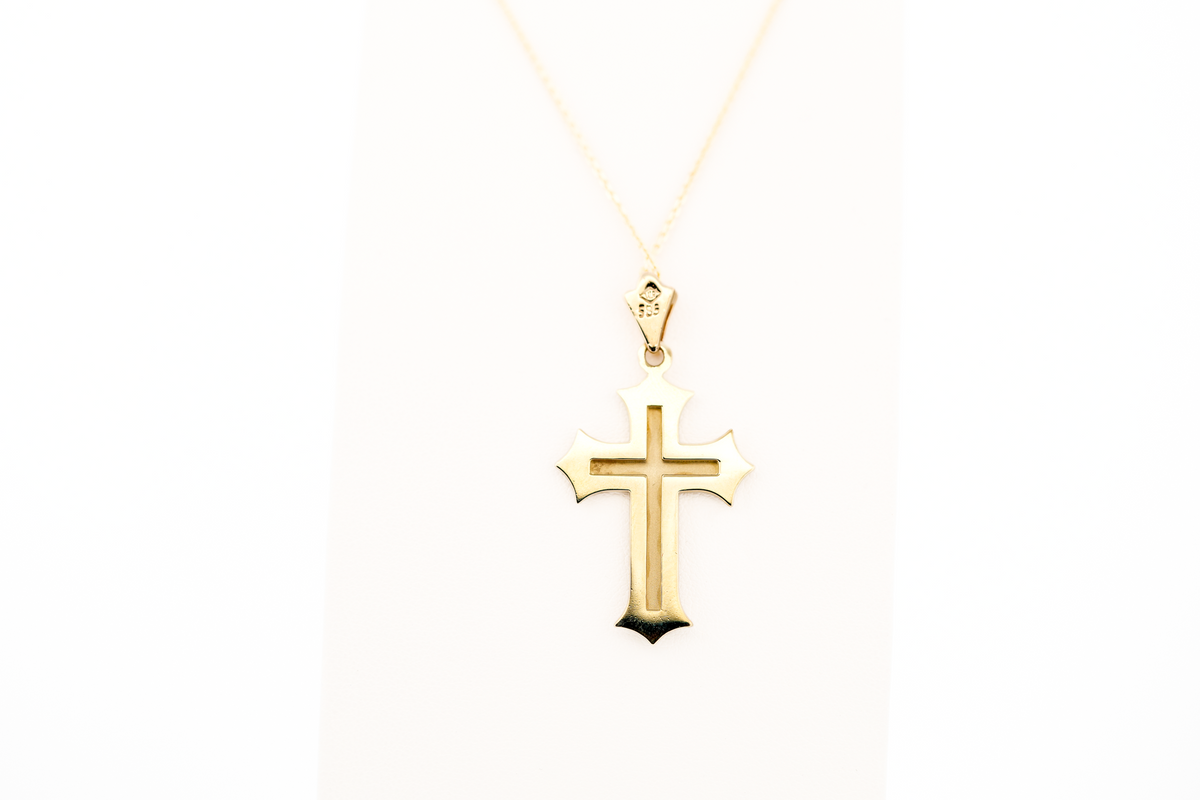 Estate Hand-Made Yellow Gold Cross Pendant with Black Antiqued Border
