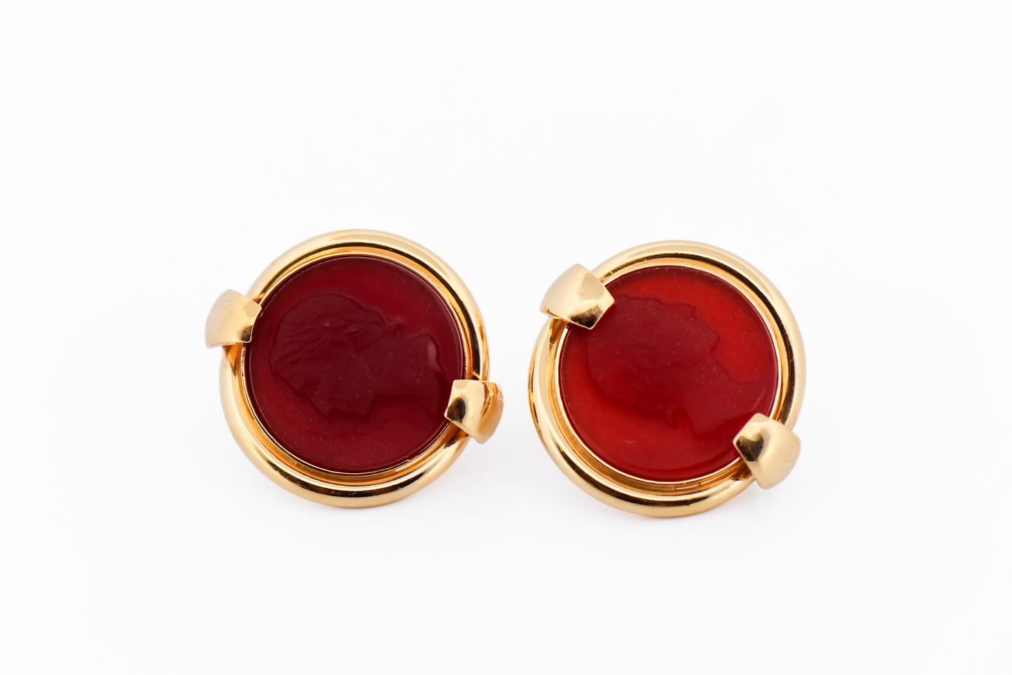Estate Hardstone Cameo Earrings- Carved Carnelian Busts in 18k Omega Backs