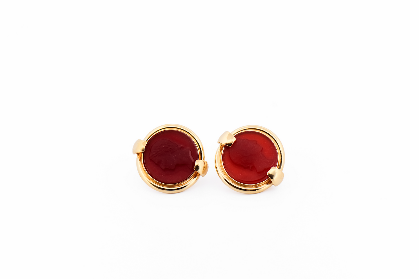 Estate Hardstone Cameo Earrings- Carved Carnelian Busts in 18k Omega Backs