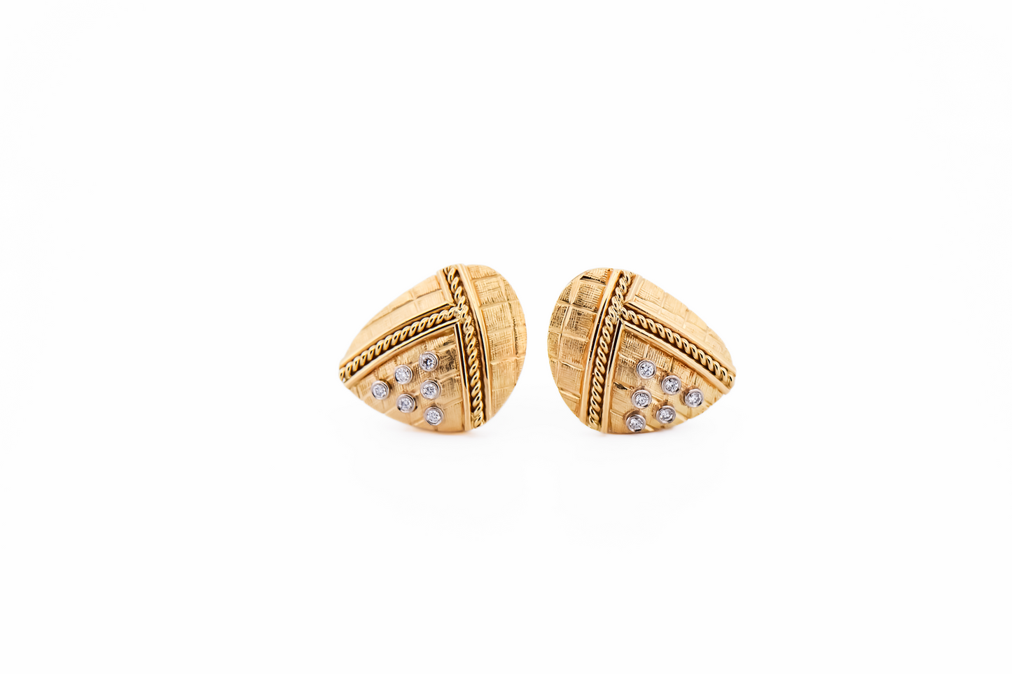Estate Herco Textured 18k Yellow Gold & Diamond Earrings with Omega Backs