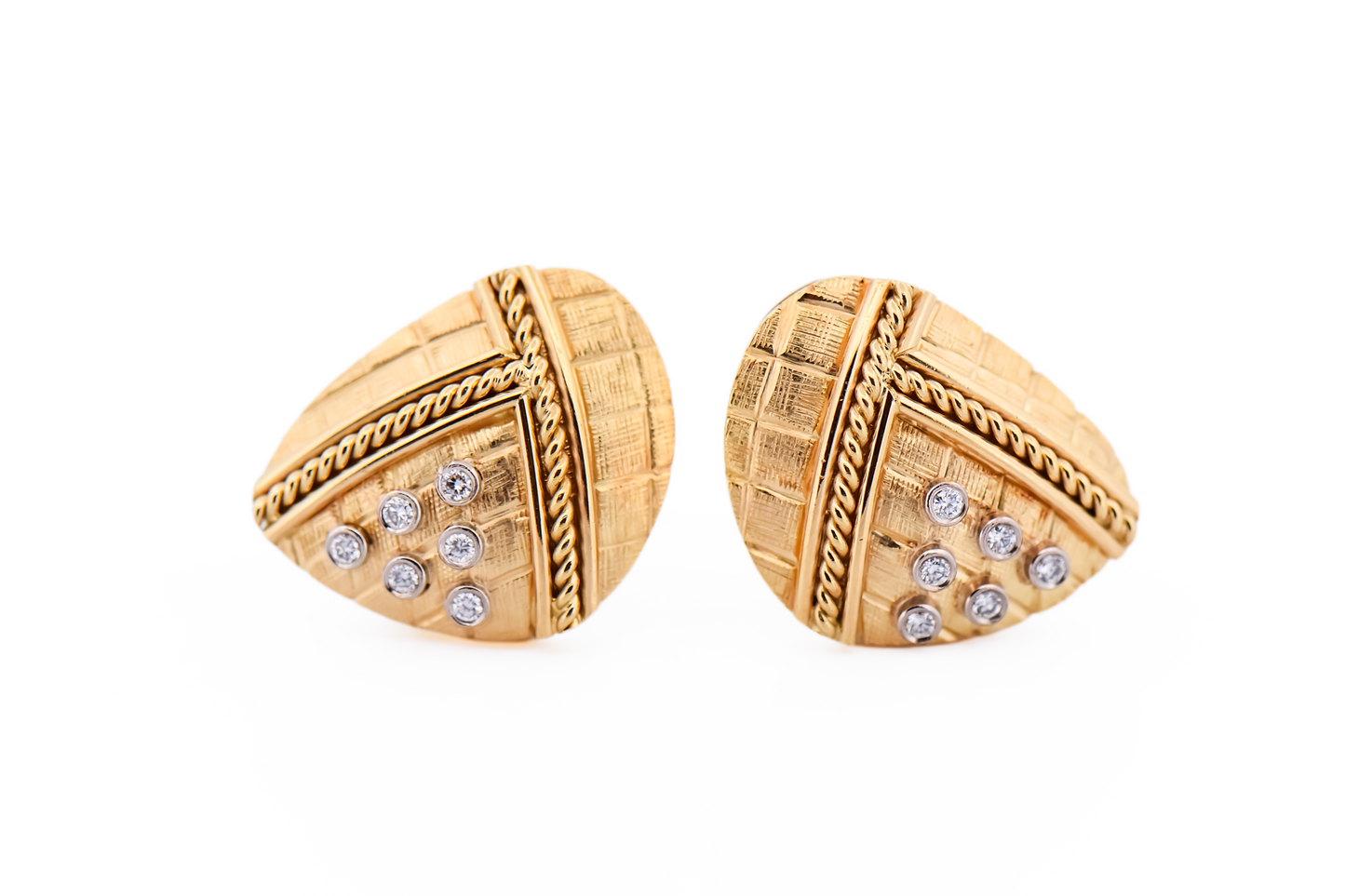 Estate Herco Textured 18k Yellow Gold & Diamond Earrings with Omega Backs