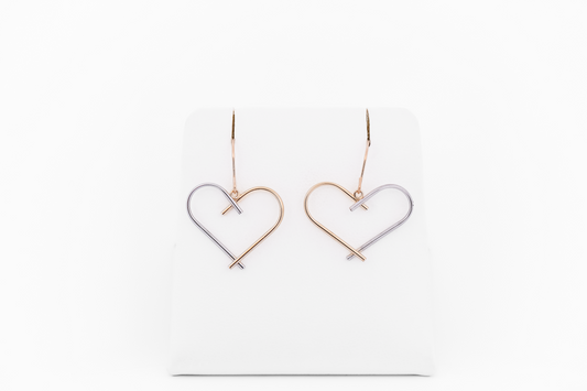 Estate Hollow 14k Two Tone Gold Heart Earrings on Shepherd Hooks