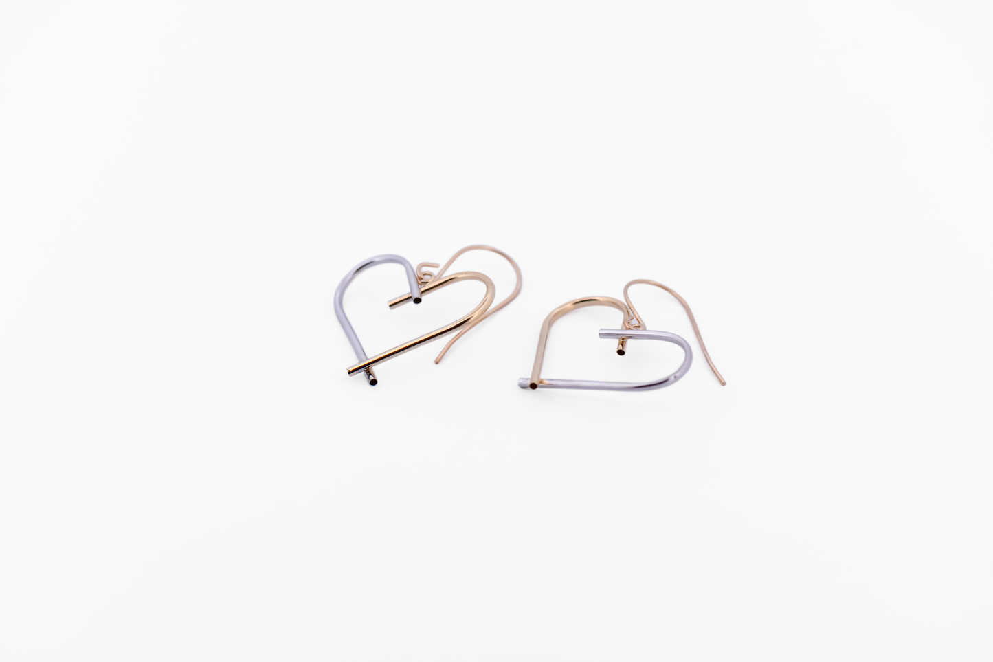 Estate Hollow 14k Two Tone Gold Heart Earrings on Shepherd Hooks