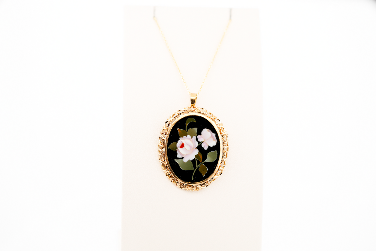 Estate Inlaid Stone Floral Pietra Dura Pendant Brooch Combo in Yellow Gold