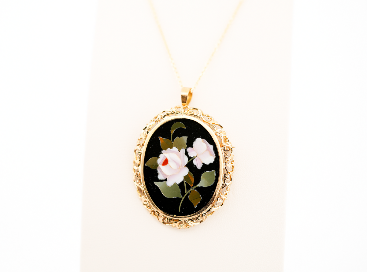 Estate Inlaid Stone Floral Pietra Dura Pendant Brooch Combo in Yellow Gold
