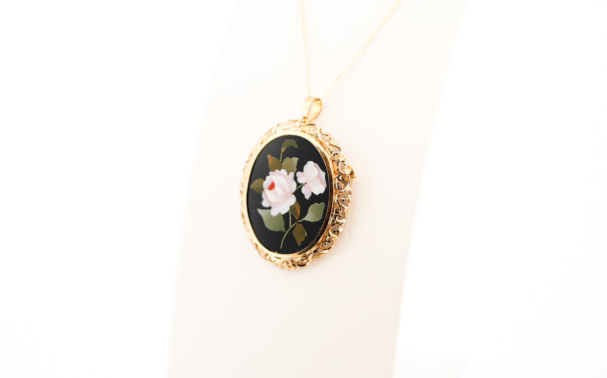 Estate Inlaid Stone Floral Pietra Dura Pendant Brooch Combo in Yellow Gold